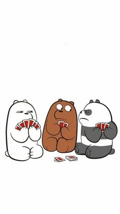 three cartoon bears sitting next to each other with cards in their hands on the ground