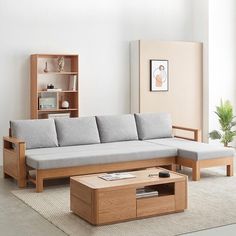 a living room with a couch, coffee table and bookshelf on the wall