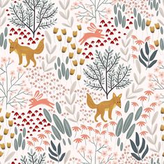 an animal and plants pattern on a white background with oranges, pinks, and browns