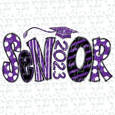 an image of the word's name in purple and black with polka dots on it