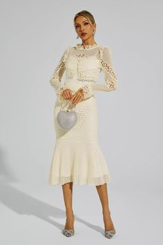 Elegant Cream Lace Dress With Ruffles, Elegant Long Sleeve Cream Lace Dress, Chic Beige Lace Evening Dress, Elegant Cream Lace Dress, Elegant Cream Dress With Lace Top, Elegant Cream Dresses With Lace Top, Elegant Cream Lace Dress For Party, Elegant Lace Top Dress For Wedding Guest, Chic Cream Lace Wedding Dress