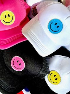 Fun trucker hats with smiley face patches on them are perfect for beach, pool, summer day, paddle boarding, lake day, or a fun girl's trip!  Lots of combinations and colors to choose from! About the hat: -Adjustable, Fits any size -Mesh Back Colors on monitor/phone can slightly differ from in person.  Please message us, if you want more pictures! Smiley Face Hat, Pool Hat, Bachelorette Party Hat, Girl Patches, Lake Day, Face Patches, Black Betty, Paddle Board, Summer Hat