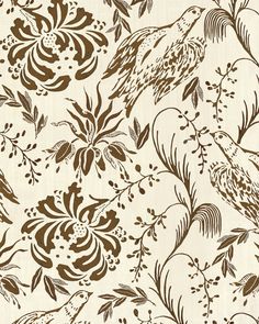 a white and brown floral wallpaper with birds on it