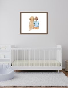 a dog is sitting in front of a baby's crib with its head on the pillow