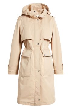 Classic trench detailing—including belted cuffs and gun flaps—brings a timeless look to this longline jacket topped with an adjustable hood. 39" length (size Medium) Front zip closure with snap storm placket Drawcord-toggle hood Belted cuffs Front snap-flap patch pockets Epaulets Gun flaps Storm flap Internal drawcord waist 100% polyester Machine wash, tumble dry Imported Winter Outerwear With Flap Pockets In Gabardine, Spring Workwear Parka With Flap Pockets, Spring Workwear Parka With Adjustable Hood, Spring Workwear Parka With Detachable Hood, Workwear Parka With Detachable Hood, Hooded Belted Spring Outerwear, Spring Hooded Belted Outerwear, Longline Jacket, Hooded Trench Coat