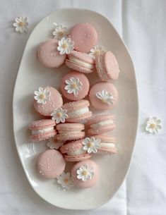 a white plate topped with pink macaroons covered in frosting and daisies