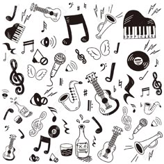 musical instruments and music notes in black and white stock photo - image 459784