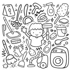 a black and white drawing of various items that can be used to decorate the wall