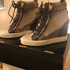 Brown, Tan And Gold Wedge Sneakers Modern Leather Wedge Heel Sneakers, Brown Leather Platform Wedge Sneakers, Brown Leather Wedge Sneakers, Chic Leather Wedge Sneakers, Brown High-top Platform Wedge Sneakers, Gold Wedges, Zanotti Shoes, Giuseppe Zanotti Shoes, Wedge Sneakers