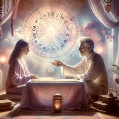 two people sitting at a table in front of a wheel of the zodiac sign on paper