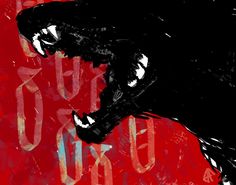 a black dog with its mouth open on a red background