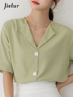 This is perfect for those who are looking for a clothing for a good price. It is fashionable, stylish, and it will look great on anyone who wears it. Do you wanahavit? Size(cm) Shoulder Bust Length Sleeve S 37 100 61 25 M 38 104 62 25.5 L 39 108 63 26 XL 40 112 64 26.5 *Tips: (1 cm=0.39 inch, 1 inch=2.54 cm) 1. Please strictly follow the size chart. Do not select the size directly according to your habits.2. The size information may have 1-3cm differences due to manual measurement. Trendy Solid Color Office Shirt, Green Summer Tops For Office, Spring Office Wear Solid Color Shirt, Trendy V-neck Blouse For Office Wear, Summer Office Shirt In Solid Color, Green Collared Blouse For Office, Solid Color Summer Office Shirt, Trendy Collared Blouse For Office Wear, Office Tops With Collar In Solid Color