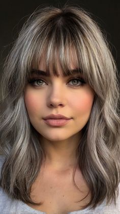 raise Medium length grey Hairstyles with Bangs Mushroom Brown Hair Color With Bangs, Mushroom Brown Hair With Bangs, Most Popular Hairstyles For 2024, Brown Hair With Highlights Bob, Blending Highlights, Light Brown Hair With Highlights, Highlights Bob, Hair Turning White