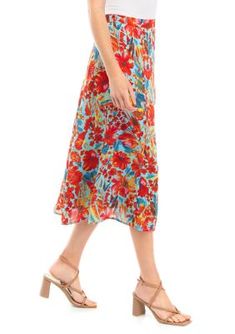 Vibrant florals flourish on this midi-length skirt from Philosophy making it the perfect addition to your spring and summer wardrobe. | Philosophy Women's Printed A-Line Midi Skirt, Small Floral Print Midi Skirt For Brunch, Floral Print Flared Skirt Bottoms For Summer, Long Floral Print Skirt For Brunch, Midi Floral Print Skirt For Brunch, Casual Midi Length Floral Print Bottoms, Spring Floral Print Midi-length Bottoms, Spring Floral Print Midi Bottoms, Spring Midi-length Bottoms With Floral Print, Floral Print Midi-length Bottoms For Day Out