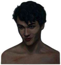 a drawing of a man with black hair and no shirt on, looking at the camera