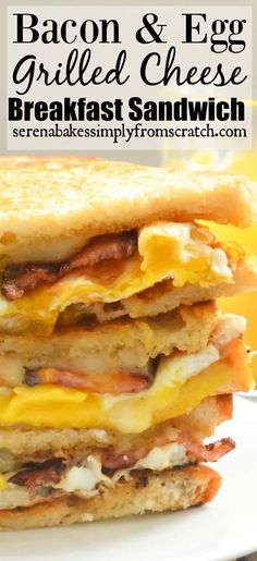 bacon and egg grilled cheese breakfast sandwich on a white plate with text overlay