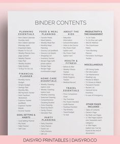 a printable binder with the words'binder contents'in white and pink