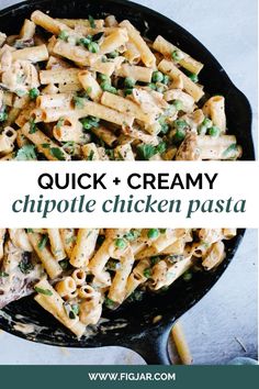 a skillet filled with chicken pasta and peas