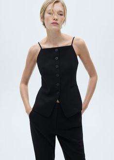 Halter-neck vest with buttons - Woman | MANGO USA Pants Shirt Men, Mango Tops, Square Neck Top, Button Front Top, Tailored Design, Dress With Sneakers, Women's Coats & Jackets, Nice Tops, Halter Neck