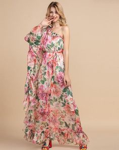 Floreal-print silk chiffon off-one-shoulder, puff cuff sleeve, flouncy long dress. Drawstring at waist. Maxi Chiffon Dress, Flowy Chiffon Dress, Casual Elegant Style, Elegant Long Dress, Chiffon Long Dress, Vintage Boho Dress, Vintage Party Dresses, Flowy Maxi Skirts, Loose Maxi Dress