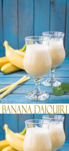 three glasses filled with banana daiquita on top of a blue table next to bananas