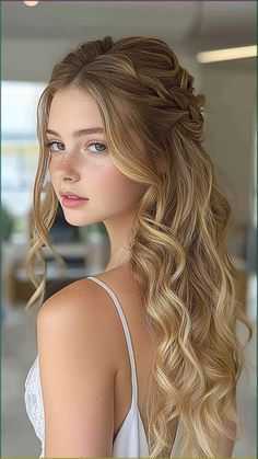 The Half-Up, Half-Down Curls hairstyle is the perfect mix of elegance and playfulness for homecoming. It adds volume while showing off your curls in a fun, flirty way. Click the pin and follow us for more beautiful homecoming hairstyle ideas! #HomecomingHair #HalfUpHalfDown #CurlyHair #FormalHairstyle #HairGoals Long Hair Curls Hairstyles, Hairstyles For Less Volume Hair Women, Half Up Half Down With Braids Hairstyles, Wedding Hair Western, Curls Updo Hairstyles, Half Up Half Down Braids Hairstyles, Hair Half Up Half Down Curled, Hairstyles Ideas For Prom, Braid Hairstyles With Curls