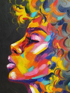 a painting of a woman's face with colorful hair