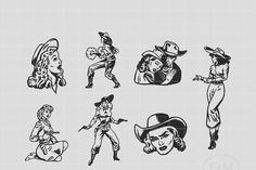 some old western characters are drawn in black and white ink on a gray paper background