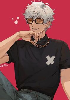 an anime character with white hair wearing a black t - shirt and chain around his neck