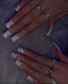 Y2k Nails With Rhinestones, Long Acrylic Nail Designs Blue, Acrylic Nails Gems Rhinestones, Black And Clear Acrylic Nails, Acrylics With Diamonds, Y2k Nails Rhinestone, Square Acrylic Nails With Rhinestones, Long Nail Ideas With Diamonds, Nail Ideas Diamonds