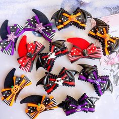 Option 1: A pair of hairclips with horn.  Option 2: A pair of hairclips with wing.  This price is for a pair of hairclips only, others are not included. Demon Wings, Black Witch Hat, Steampunk Fashion Male, Black Pumpkin, Halloween Bows, Steampunk Accessories, Halloween Orange, Wings Design, Bunny Plush