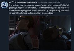 two screenshots of the same character in star wars, one is talking to another