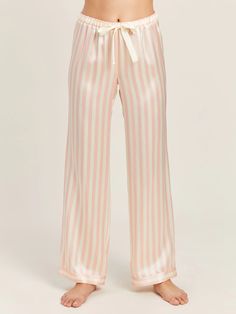 Chantal Pant in Petal Stripe | Luxury Silk Petal Pink Pajama Pants Feminine Pink Satin Bottoms, Elegant Pink Silk Bottoms, Pink Silk Pants For Spring, Chic Pink Silk Bottoms, Feminine Pink Silk Bottoms, Elegant Pink Bottoms For Daywear, Pink Pajama Pants, Designer Pajamas, Silk Pajama Pants