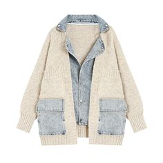 image_7 Long Sleeve Jean Jacket, Moda Denim, Denim Coat Women, Thick Sweaters, Jairzinho, Denim Patchwork, Cardigan Top, Loose Sweater, Denim Jacket Women