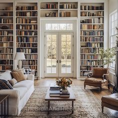 a living room filled with lots of books and furniture