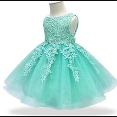 Color: Teal Or Light Green. Beautiful Princess Dress For Babies. Floral Ball Gown, Girls Baptism Dress, Teal Green Dress, Wedding Dresses For Kids, Baby Party Dress, Ball Gown Dress, Dress Sleeve Length, Birthday Girl Dress