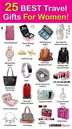 the 25 best travel gifts for women are on display in this advertise poster