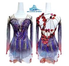 two women's ballroom dresses with long sleeves and sequins on the back