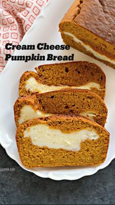 slices of pumpkin bread on a white plate with a red and white napkin next to it