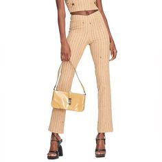 Brand New With Tags Retail Usd $120 Size Small Tan With Black Pinstripes, "Gia" Logos V Cut Waist Slim Straight Legs Split Seam At Back Bottom Hem Hidden Side Zipper Lightly Stretchy Length Approx 43” Waist To Hem Approx 12.5” Inseam *Last Photo Shows This Style As Worn By Bella Hadid! Striped Fitted Pants For Night Out, Chic Vertical Stripes Pants For Fall, Fitted Pants With Vertical Stripes For Fall, Chic Striped Pants For Night Out, Trendy Fitted Pinstripe Pants, I Am Gia Pants, Off White Pants, Coverall Jumpsuit, Leopard Print Pants