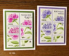 two stamps with flowers on them are sitting next to each other, one has the words thinking