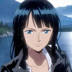 an anime character with long black hair and blue eyes standing in the rain near water