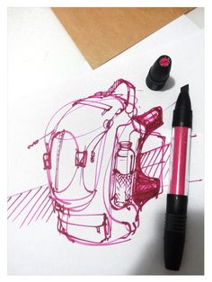 a drawing of a backpack on top of a piece of paper next to a marker