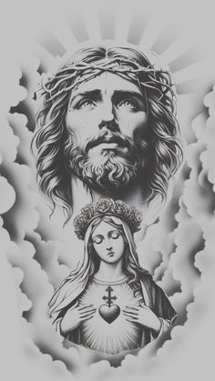 a drawing of jesus and mary with clouds in the background