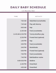 the daily baby schedule is shown in purple and white, with dates for each month