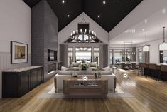 a large living room with wood floors and high ceilings is shown in this rendering image