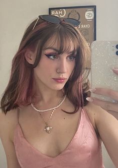 Hair Inspo Color Pink Highlights, Pastel Pink On Brown Hair, Underhair Dye With Bangs, Coquette Hair Color Ideas, Pink Blonde Highlights In Brown Hair, Natural Pink Highlights In Brown Hair, Light Brown Hair With Pink Highlights Underneath, Pink Underhair Dye, Pink Hair Strands Brunette