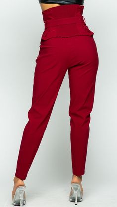 Burgundy High Waist Pants Belted Skinny Pants Pleated Stretch Zipper 70% RAYON 26% NYLON 4% SPANDEX Stretch Business Casual Pants, Stretch Bottoms With Tapered Leg For Business Casual, Stretch Tapered Leg Bottoms For Business Casual, Business Casual Straight Elastane Pants, Business Casual Straight Pants In Elastane, Straight Leg Leggings For Work, Fitted Pants With Elastic Waistband For Business Casual, Workwear Straight Leg Leggings With Elastic Waistband, Straight Leg Leggings With Elastic Waistband For Work