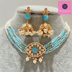 Aqua Blue Premium quality gold plated silver foiled Kundan necklace/Traditional/Ethnic/Kundan Jewelry/Kundan Choker/Indian Bridal/wedding Kundan Bandhai Necklace With Gold Plating Regular Size And Adjustable Choker Necklace Kundan Necklace Set Color, shades, texture displayed may slightly vary from the actual product due to digital image limitations. We request you to consider these minor variations. Please expect the possibility of some slight imperfections when buying handmade jewelry.  Please Luxury Blue Kundan Necklace, Luxury Blue Traditional Kundan Necklace, Festival Choker With Zari Work For Gift, Blue Jewelry For Puja, Diwali Festival, Zari Work Choker For Festivals And Gifts, Blue Jewelry For Diwali Puja, Blue Jewelry For Puja And Diwali, Festival Gift Choker With Zari Work, Festive Zari Work Choker As Gift