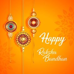 happy radisha bhandhan on orange background with gold ornaments and pearls hanging from strings